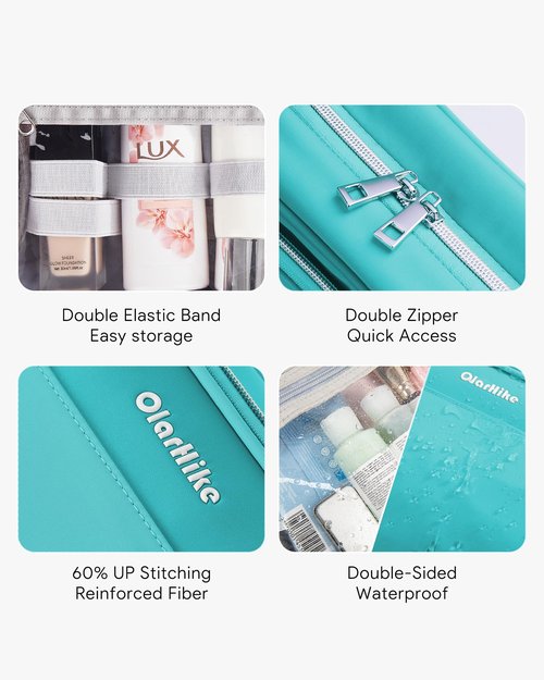 OlarHike Travel Toiletry Hanging Bag Waterproof Bags, Makeup, Toiletries, Jewelry, Travel Essentials 3 in 1 Packing Organizers, Cosmetic Travel-Sized Container, Medium Capacity for Women Cyan