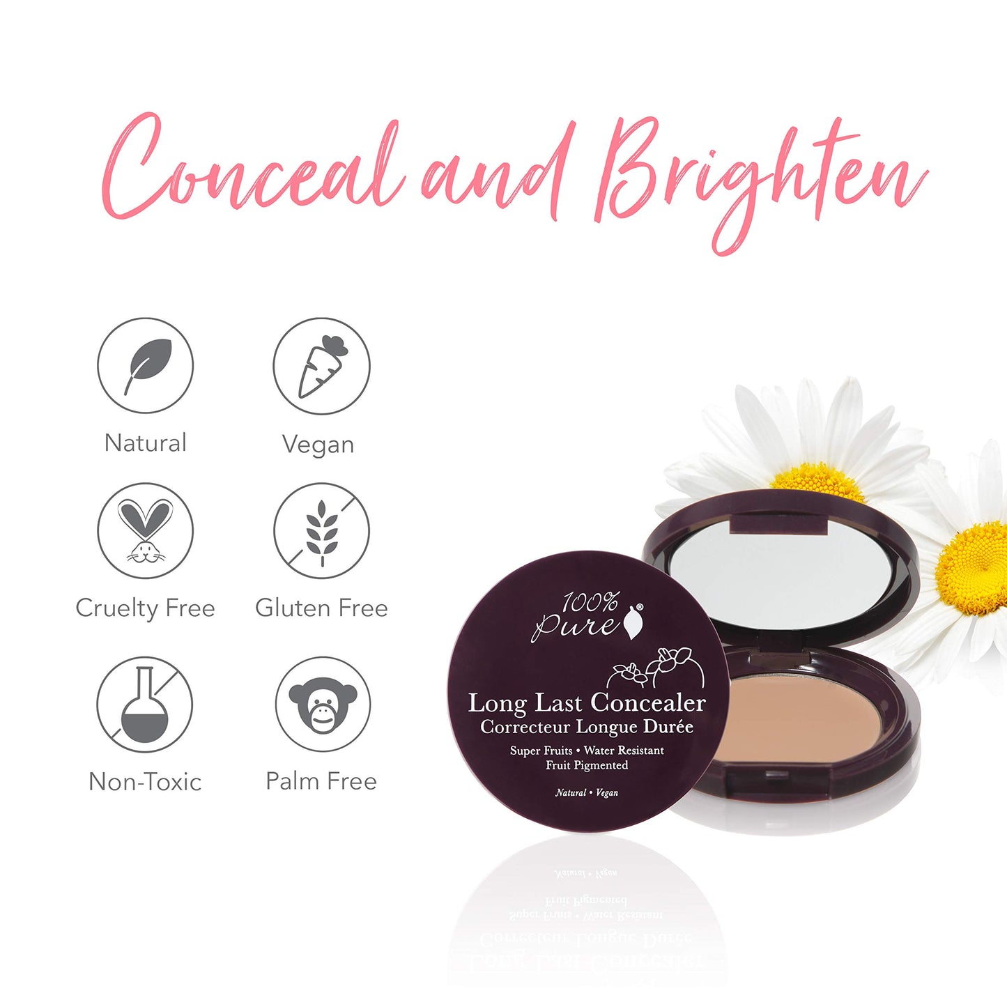 100% PURE Fruit Pigmented Long Last Compact Concealer, Golden Peach, Full Coverage Concealer, Diminish Dark Circles (Medium to Tan with Yellow Undertones) - 0.105 oz