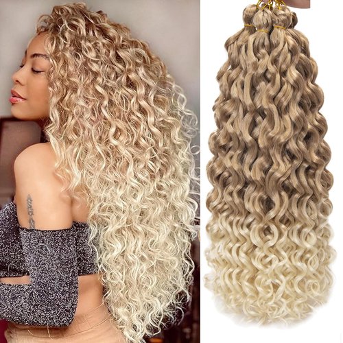 Ocean Wave Crochet Hair 18inch Deep Wave Curly Crochet Hair 6Packs Ombre Blonde Hawaii Curly Braiding Hair Synthetic Bohemian Crochet Braid Water Wave Crochet hair Extensions