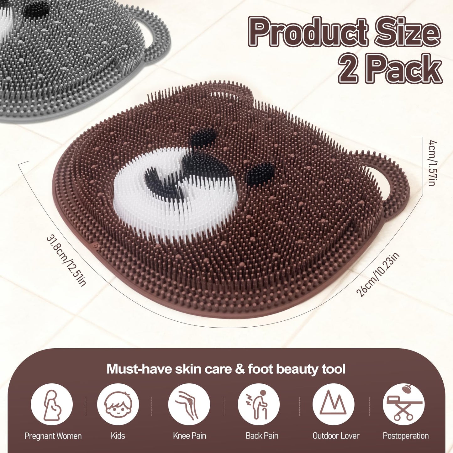 Foot Scrubber Mat in Shower 2 Pack, Vynusio Silicone Shower Foot & Back Scrubber Exfloating Cleaner Washer Pad Non-slip Suction Cups - Feet Massage Points Reflexology for Women Child 13*11" Cf& Grey