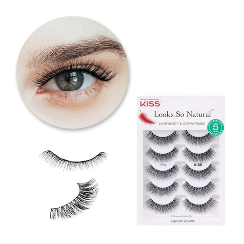 KISS Looks So Natural False Eyelashes Multipack, Lightweight & Comfortable, Tapered End Technology, Reusable, Cruelty-Free, Contact Lens Friendly, Style 'Flirty', 5 Pairs Fake Eyelashes Black