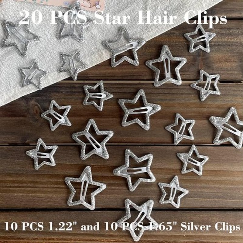 20 PCS Sparkling 1.22" and 1.65"Star Hair Clips Snap Star Hair Accessories Non Slip Star Clips for Girls Women Y2K Accessories Silver Metal Hair Clip Star Hair Barrettes Star Hair Clips Star Hair Clip