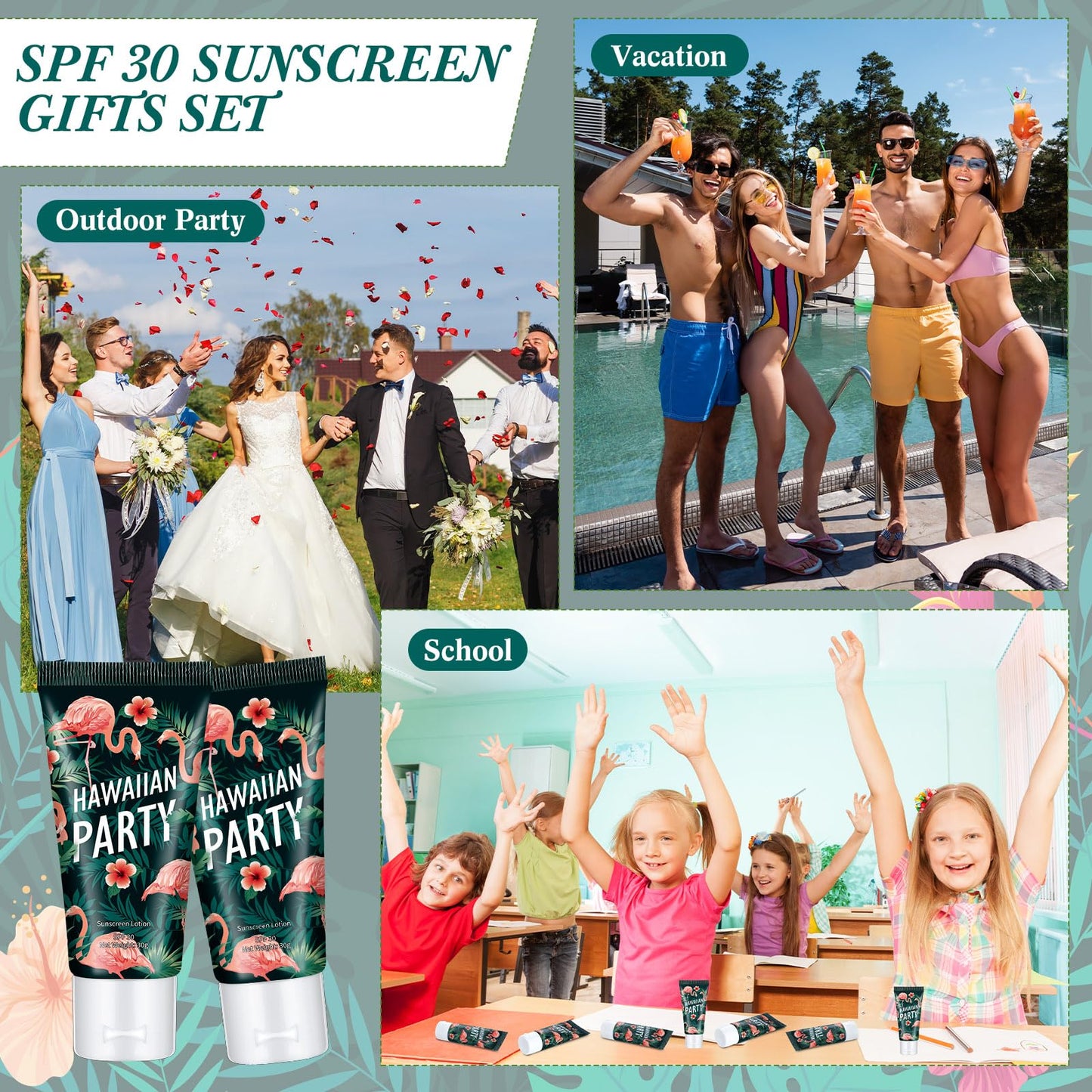 Dansib 12 Pcs Mini Sunscreen Bulk for Summer Party Wedding SPF 30 Water Resistant Sunscreen Lotion Bulk 1oz Travel Size for Thank You Gifts Wedding Supplies (Hawaiian Flamingo Party)