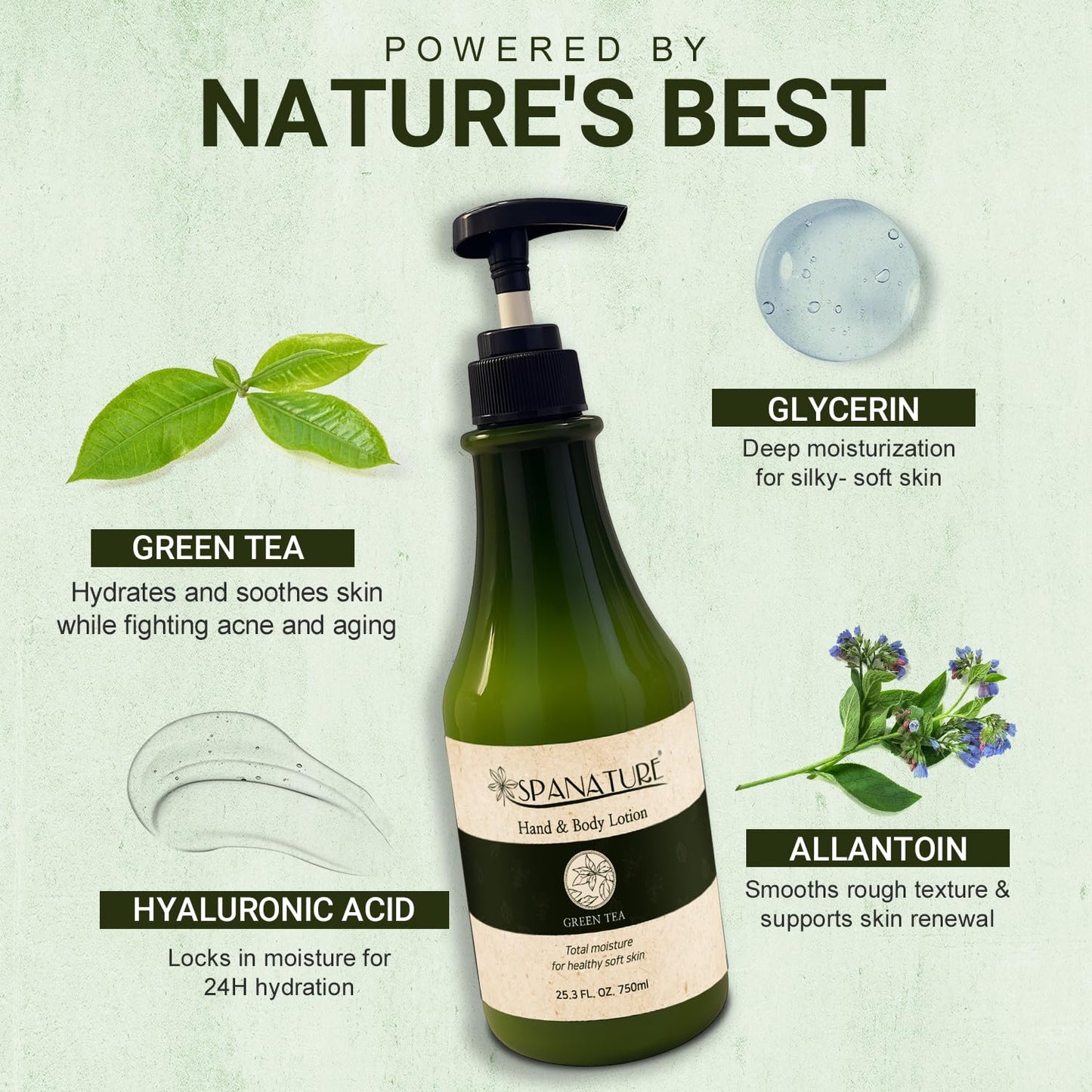 Spanature Green Tea Body Lotion For Women - Natural Green Tea Moisturizer for Face & Hands, Nourishing & Restoring Formula – Non-Greasy, Fast Absorbing - 750ml/25oz with Pump, Made in Korea