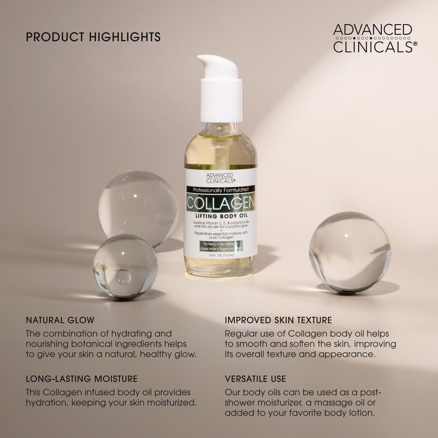 Advanced Clinicals Hydrating Collagen Oil For Body & After Shower | Visible Anti Aging Skincare Moisturizer Collagen Body Oils For Women & Men Helps Soften Appearance Of Crepey Skin, Large 12 Fl Oz