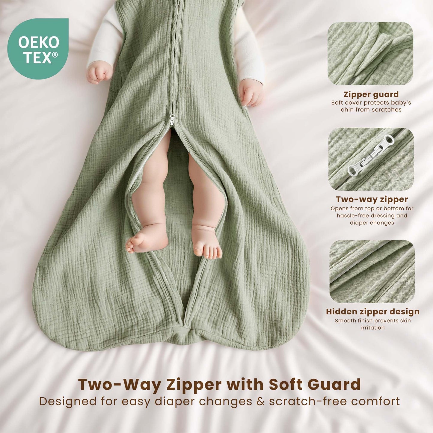 Konssy Muslin Baby Sleep Sack 6-12 Months 0.8 TOG, 2 Pack 100% Cotton Wearable Blanket for Babies, 2-Way Zipper Breathable Sleeping Sack Infant Toddler Essentials for Girls and Boys (Woodland,Sage)