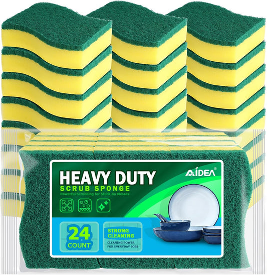 Heavy Duty Kitchen Sponges - 24 Pack Stink-Free Dish Scrubber for Home & Pots/Pans Cleaning