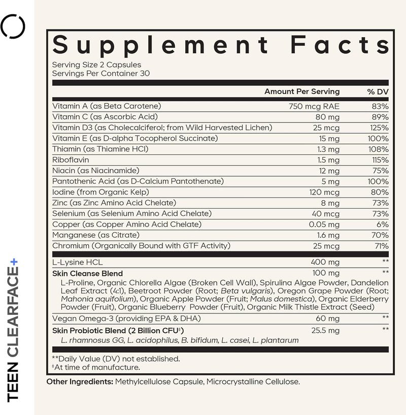 Teen Clearface Supplement for Oily Skin | Vitamins A, C, D3, E & Probiotics - 60 Capsules