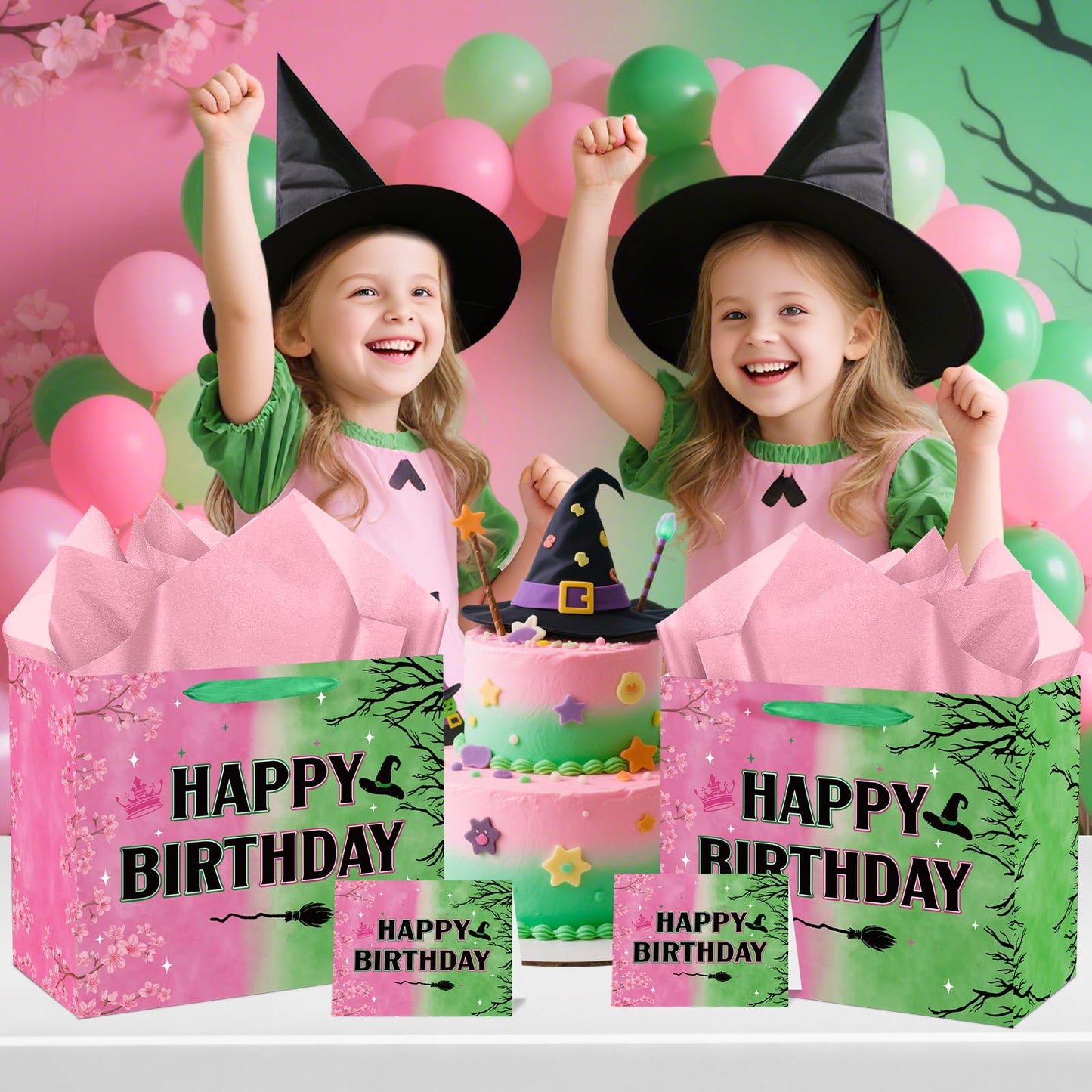 aqwithaj Witch Birthday Gift Bag for Girl Pink And Green Birthday Bag with Wrapping Paper and Greeting Card Musical Witch Hat Crown Movie Theme Paper Bags Gift Box for Friendship Bday Party Supplies