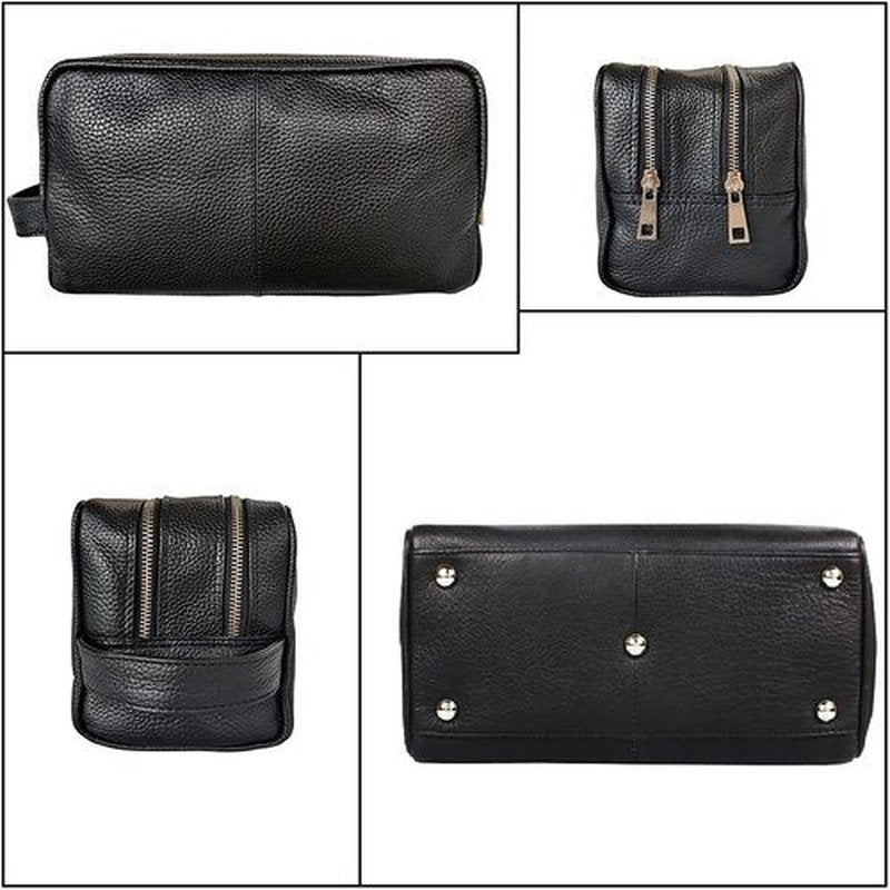 RUSTIC TOWN Full Grain Leather Travel Toiletry Bag - Dopp Kit Travel Organizer (Medium, Black)
