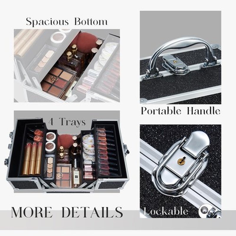 FRENESSA Makeup Organizer Case Portable Train Case Cosmetic Box 4 Trays Makeup Storage Case with Lockable for Women Makeup Artist, Makeup Tools, Nail Kits Makeup Travel Case Black