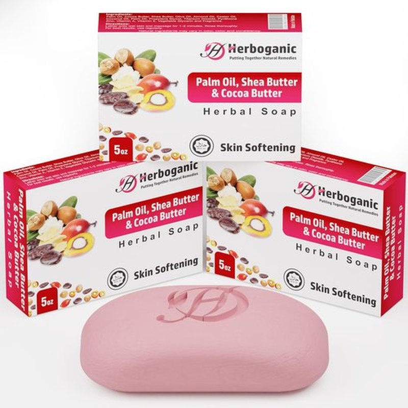HERBOGANIC Palm oil, Shea Butter and Cocoa Butter Herbal Soap | Pack of 3 of 5oz soap Bar | Natural Bar Soap for Face and Body | Hydrating and Nourishing | Suitable for Men and Women