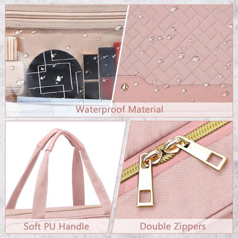 Wedama Toiletry Bag for Women, Hanging Travel Toiletry Bag with Jewelry Organizer Compartment Large Makeup Bag, PVC Waterproof Cosmetic Travel Bag for Travel Business Trips Camping Bathroom, Pink