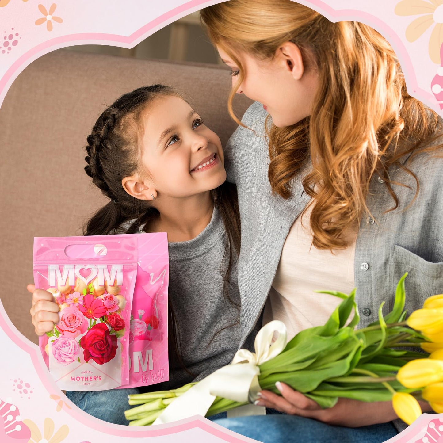 Kosiz 60 Pcs Mother's Day Gift Bags with Handles Plastic Pink Flower Mom Candy Treat Goodie Cookie Bags for Mothers Day Theme Floral Party Favors Supplies