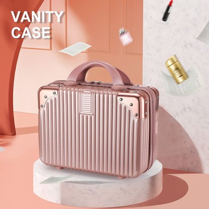 Noverlife Portable Makeup Travel Case Hand Luggage 12 Inch, Pressure-proof ABS Carrying Makeup Case Suitcase with Elastic Band, Small Hard Shell Cosmetic Case for Travel Camping Women Girl - Rose Gold