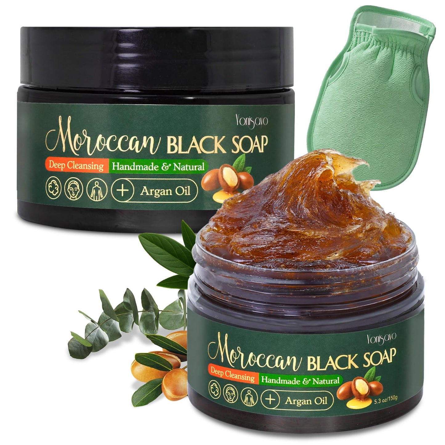 yonisayo 2 Packs Moroccan Black Soap, Natural Black Beldi Soap with Argan Oil, Handmade Cleanser for Smooth, Soft Body Skin Care, Deep Cleansing Moroccan Hammam Body Wash with Moroccan Exfoliating