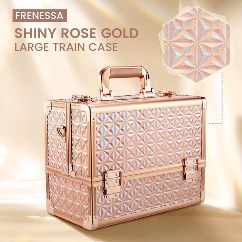 FRENESSA Extra Large Makeup Organizer Case Cosmetic Train Case 6 Trays Large Bottom with Shoulder Strap Travel Makeup Case for Makeup Artist, Cosmetology, Nail Tech Kits Makeup Box Storage Rose Gold
