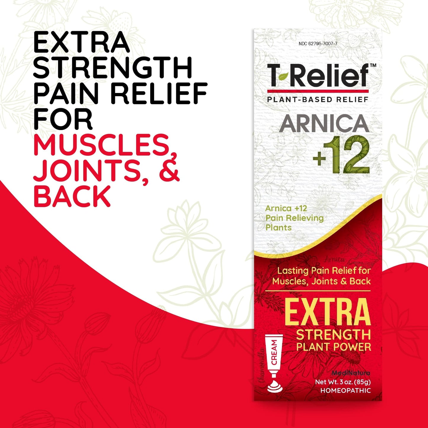 MediNatura T-Relief Extra Strength Cream Arnica +12 Natural Relieving Actives for Back Pain Joint Soreness Muscle Aches & Stiffness, Whole Body Fast Acting Relief for Women & Men - 3 oz