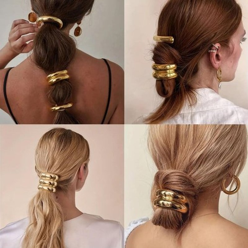 Hair Ties for Women Elastic Hair Ties, Ponytail Holders Hair Ties for Thick Hair Gold Ponytail Cuff Elastic Hair Ties for Women Hair Accessories Rubber Bands for Hair 4PCS