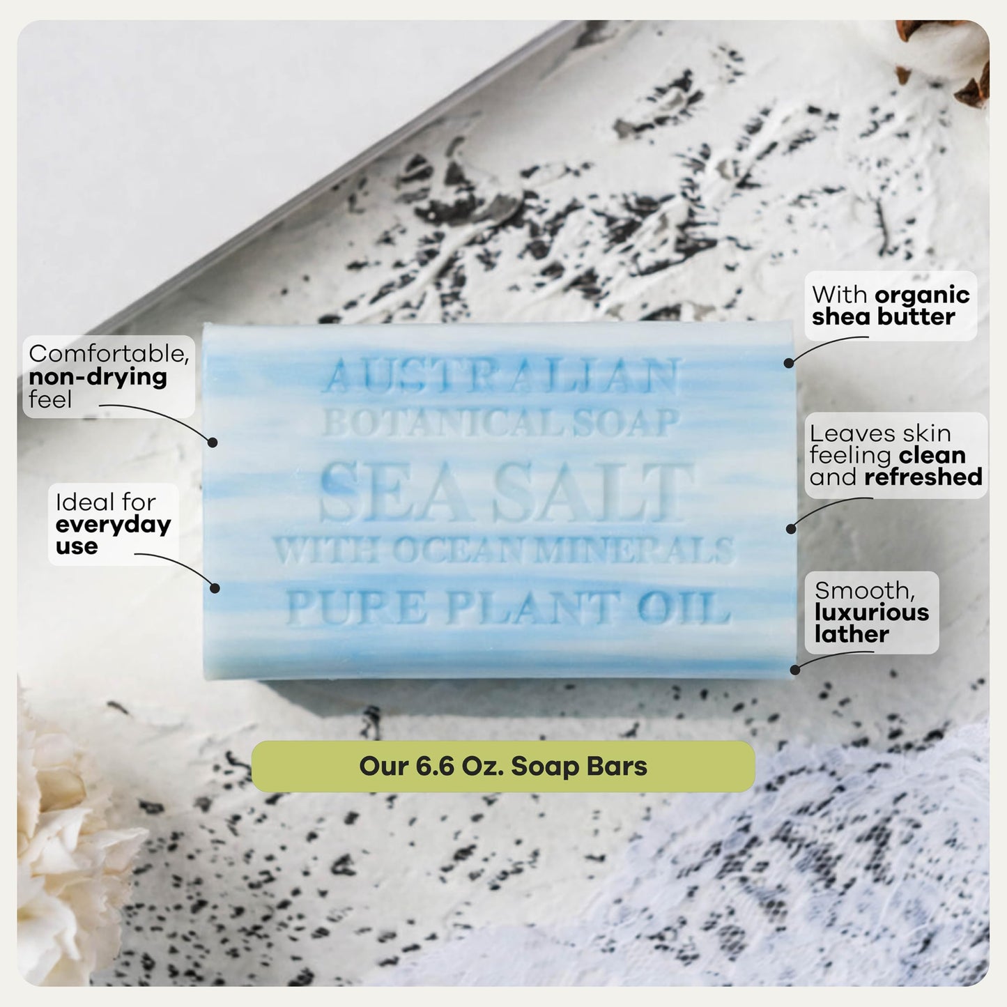 Australian Botanical Soap, 6.6 OZ, Sea Salt and Ocean Minerals, Triple Milled Bars made with a Natural Soap Base and Enriched with Organic Shea Butter, Pack of 8