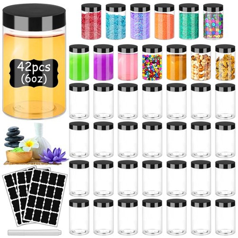 Hajoyful Plastic Jars with Lids 6OZ 42PCS,Small Cosmetic Slime Containers Clear Travel Round Jars Empty Refillable Sample Containers Leak Proof Pot Jars with Black Lids for Lotion, Cream, Body Scrub