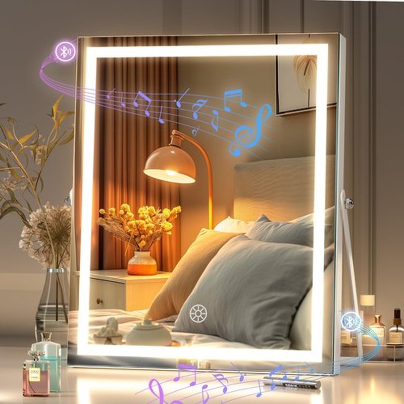 Hasipu Vanity Mirror with Lights and Bluetooth Speaker, 9.8" x 11.8" LED Makeup Mirror with Smart Touch 3 Colors Dimmable, Brightness Adjustment, 360° Rotation, White