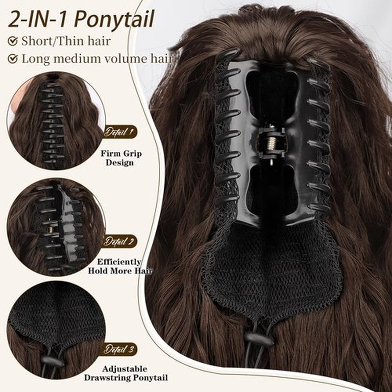 Claw Clip Ponytail Extension 18" Curly Wavy Pony Tails Hair Extensions Layered Natural Looking Clip on Ponytails for Women Synthetic Hair Extensions (Dark Brown)