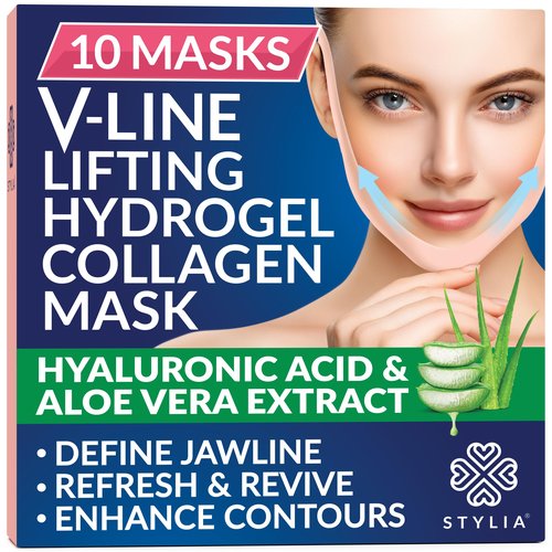 Stylia Double Chin Mask - V Line Chin Strap - Toning Hydrogel Collagen Face Mask with Hyaluronic Acid & Aloe Vera - 10PC