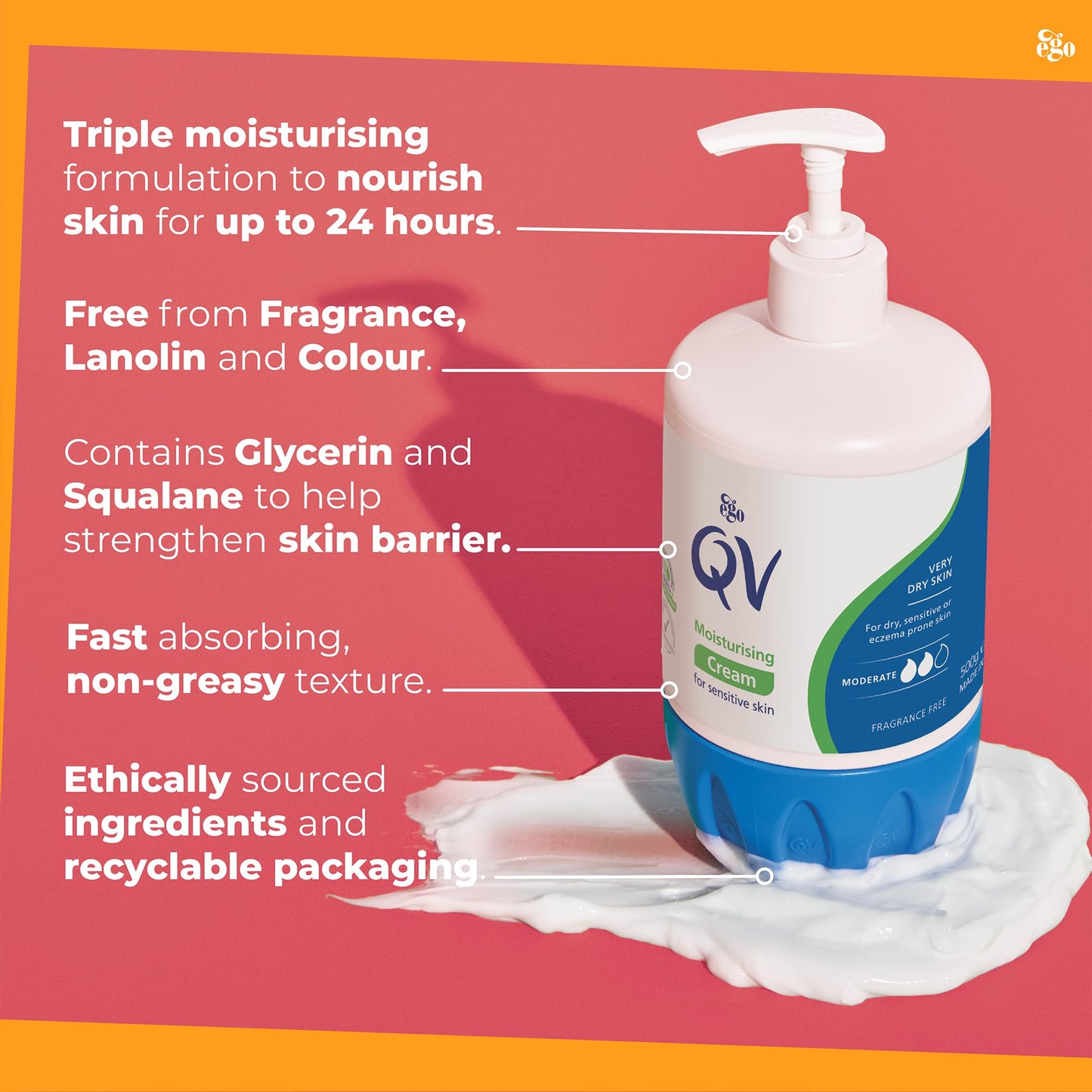 QV Cream with 10% Glycerin (500g) Rich Protective Moisturiser for Sensitive Dry Skin Fragrance Free Noncomedogenic Body Cream Hydrating Skin Care for Eczema Psoriasis Dermatitis Pump Dispenser Bottle
