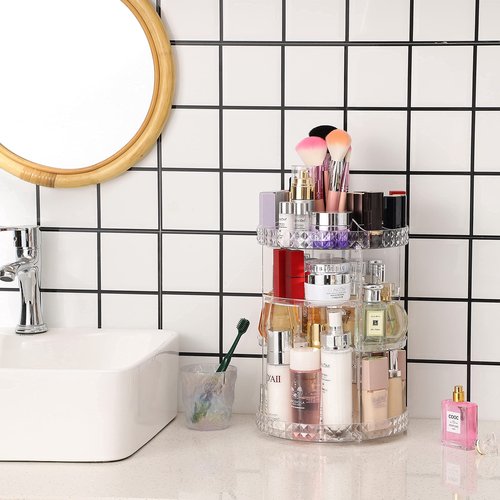 Cq acrylic 360 Degree Rotating Skin Care Organizer Countertop For Vanit,Adjustable Make up Holder Height,Clear Plastic Spinning Makeup Organizer for Skincare Beauty Product Bathroom Organizer,1Pcs