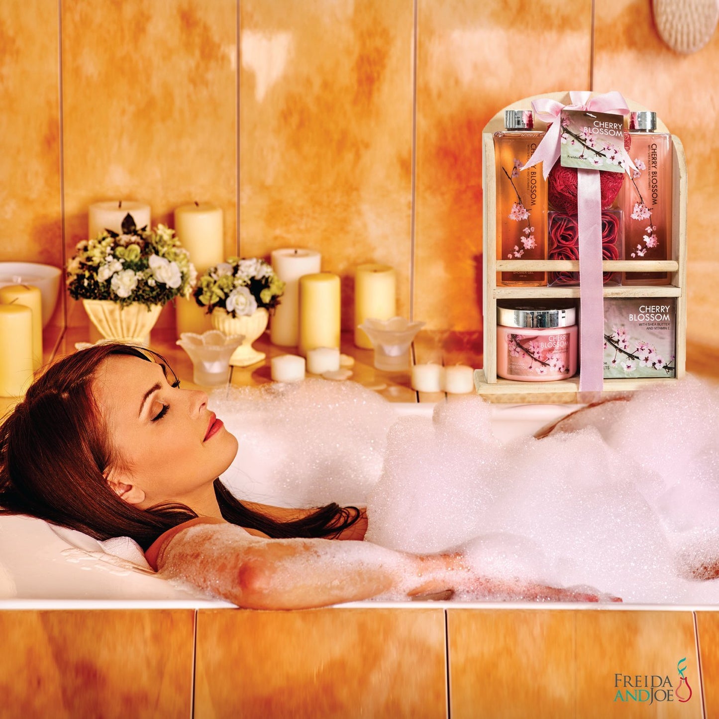 Deluxe Cherry Blossom Spa Basket - Home Spa Set with Bubble Bath, Bath Salts, Body Lotion, Bath Puff, and Rose Soaps in Wooden Curio Gift