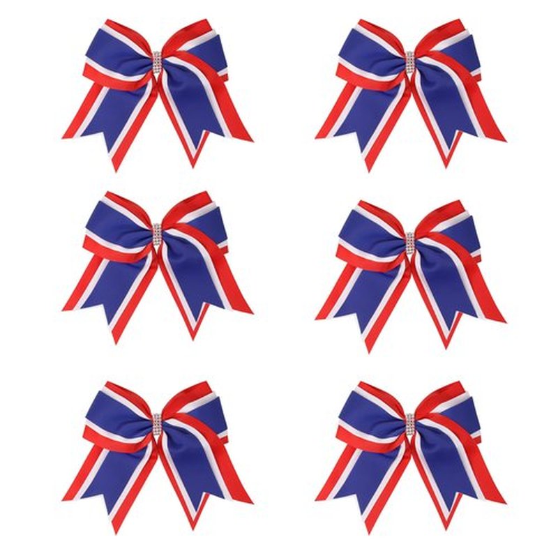 8 Inch 3 Colors 3 Layers 6 Pcs Cheerleader Bows Jumbo Cheerleading Bows Hair Elastic Hair Tie for High School College (Red/White/Royal blue)