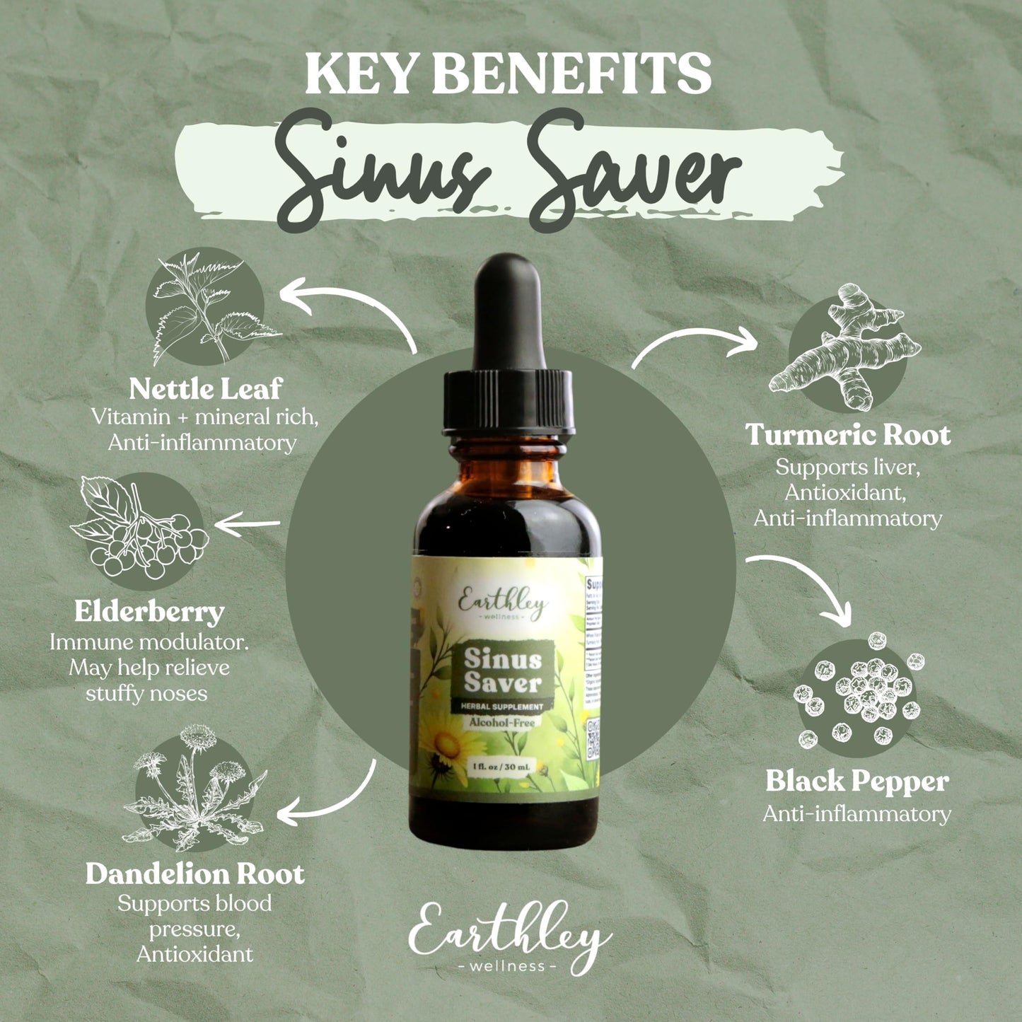 Earthley Wellness Sinus Saver, Natural Remedy, Free of Allergens, Parabens, and Preservatives, Helps Boost Vitamin C (2 oz, Alcohol Free)