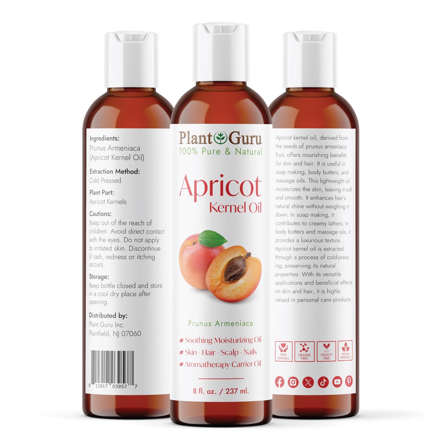 Apricot Kernel Oil 8 fl. oz. Cold Pressed 100% Pure Natural Carrier - Skin, Face, Body And Hair Growth Moisturizer. Great For DIY Cream, Lotions and Lip balm.