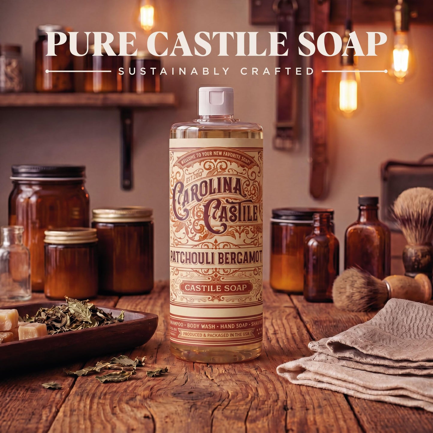 Carolina Castile Soap Patchouli Bergamot Scented Castile Soap - Certified Organic, High Olive Oil Content, Non-Drying, Made with Organic Oils, Concentrated Natural Soap for Men and Women