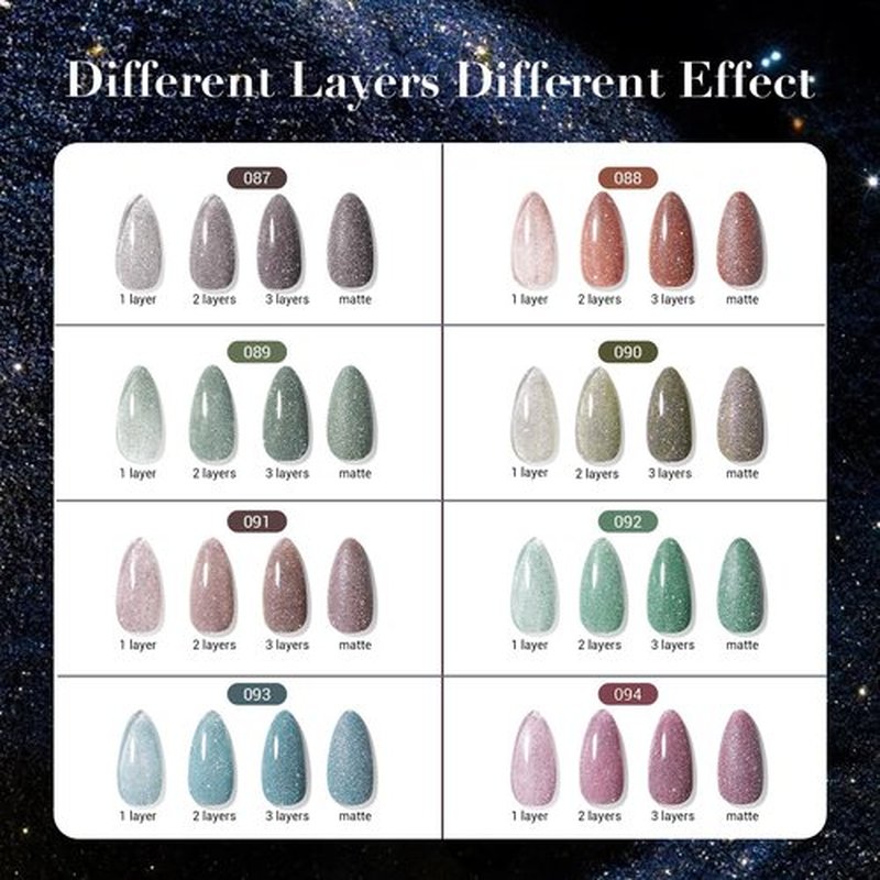 AZUREBEAUTY Reflective Nail Polish Set, 8 Colors Glitter Sparkly Shiny Green Silver Pink Quick Dry Natural Nail Lacquer Vegan Strengthening Treatment DIY Manicure Nail Salon