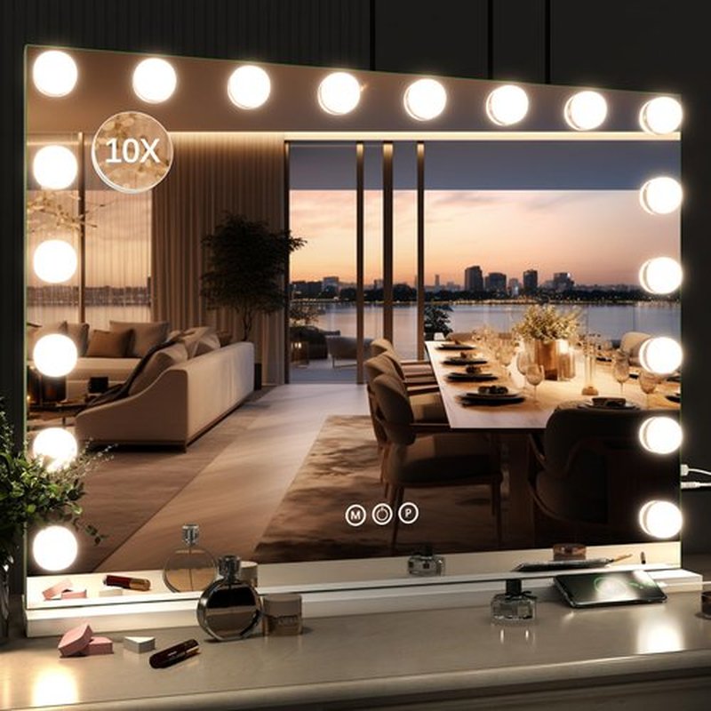 ROLOVE 32"x24" Hollywood Vanity Mirror with Lights, 18 Dimmable LED Bulbs, 3 Color Modes, 10X Magnification, USB Charging Port, Tabletop or Wall-Mounted