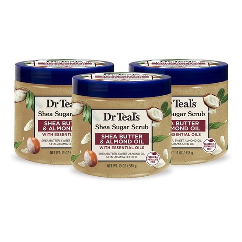 Dr Teal's Shea Sugar Body Scrub, Shea Butter with Almond Oil & Essential Oils, 19 oz (Pack of 3) (Packaging May Vary)