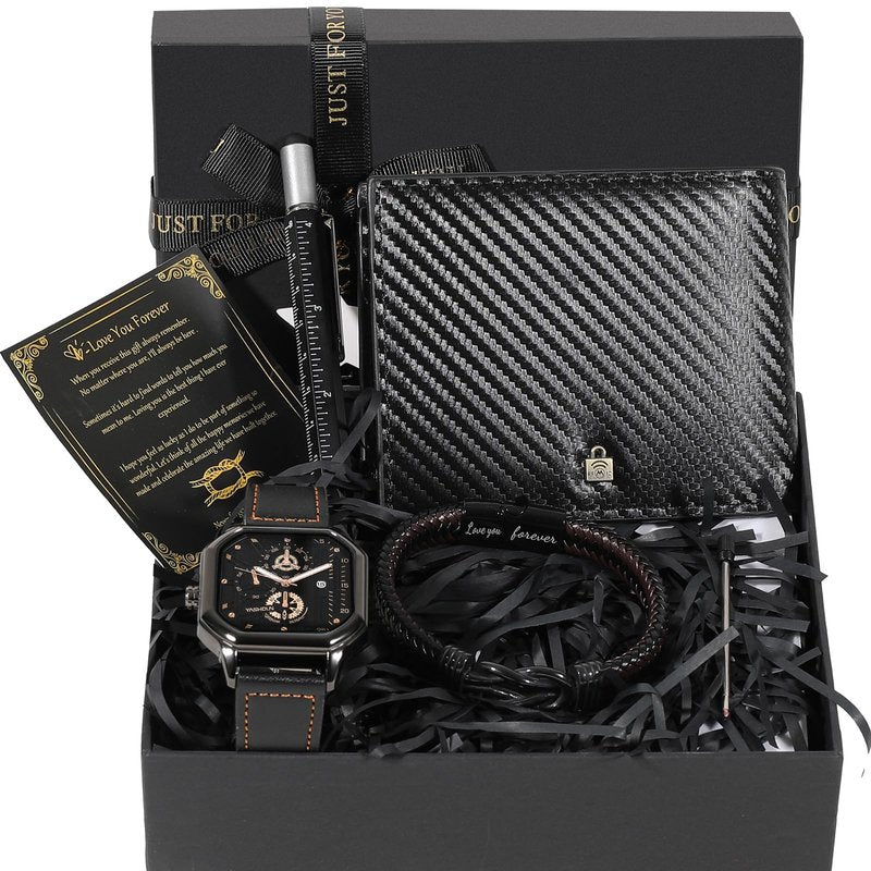 BSTcentelha Mens Gift Set,6-in-1 Multitool Pen& Men's Fashion Watch&Fashion Bracelets&Leather Wallets&Greeting Card Gift Box,Valentine's Day&Father's Day Present (Luxury Style B)