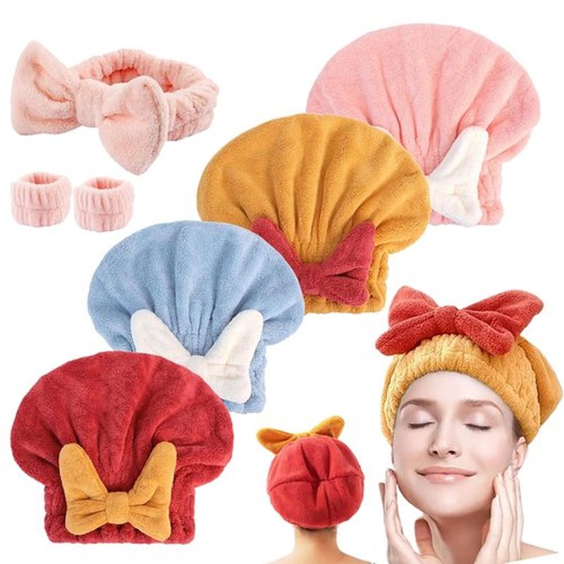 bokando Super Absorbent Hair Towel Wrap for Wet Hair, Efficient Hair Towel Wrap for Women, Quick-Drying Thickened Soft Bow Tie Hair Towel Wrap for Wet Frizzy Long Thick Hair (4pcs)