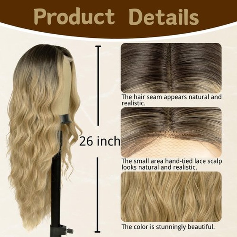 Long Ombre Blonde Wig for Women 26 Inch Middle Part Wavy Women Charming Wigs Realistic Natural Looking Synthetic Heat Resistant Fiber Wig for Daily Party Use