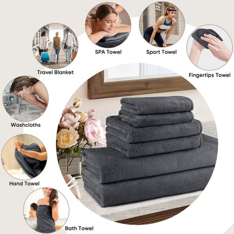 Orighty 6-Piece Towel Set - Soft & Lightweight - 2 Bath Towels, 2 Hand Towels, and 2 Wash Cloths - Absorbent & Quick Drying Microfiber Towel for Multipurpose, Bathroom, Gym, Sport, Yoga, Travel-Grey