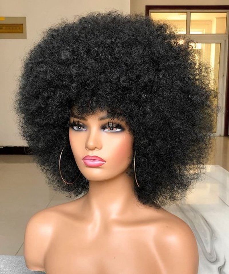HIHOO Short Afro Wig with Bangs for Black Women Afro Kinky Curly Wig 70s Premium Synthetic Big Afro Wig(Black)