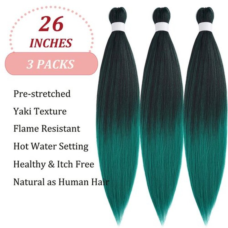 UPruyo 1b Green Pre Stretched Braiding Hair Green Ombre Braiding Hair Pre Stretched Synthetic Hair Extensions for Braiding Box Braids Yaki Knotless Hypoallergenic Prestretched Braiding Hair 26 inch