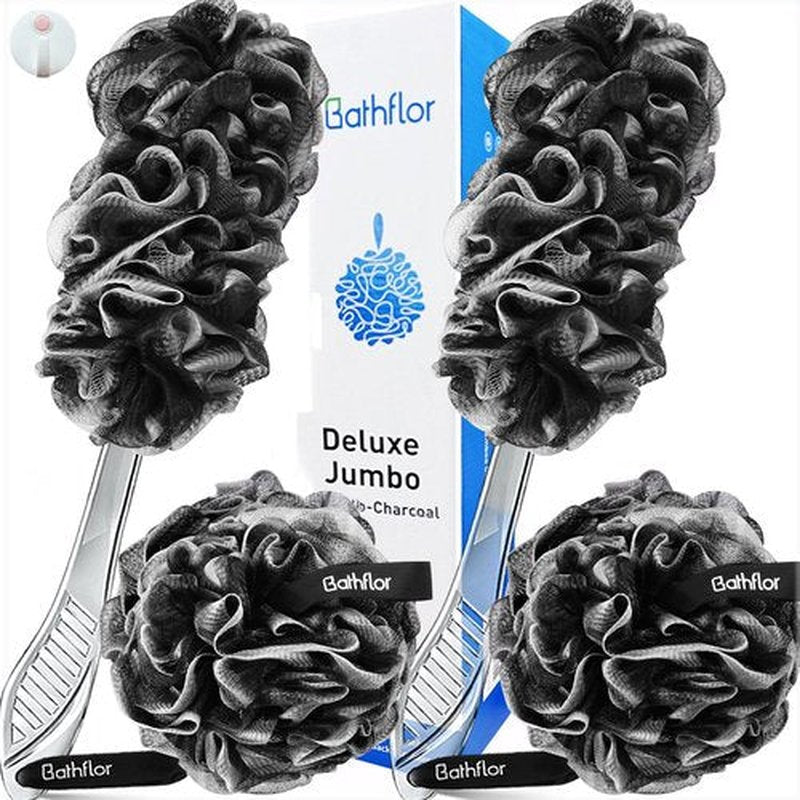 Loofah Sponge, 80g Loofahs for Men Women, 5-in-1 Large Shower Loofah Exfoliating Body Scrubber, 2 Bath Sponge Loofa Packs, 2 Loofah with Handle Body Wash Back Scrubber, 1 Luffa Hook, Black