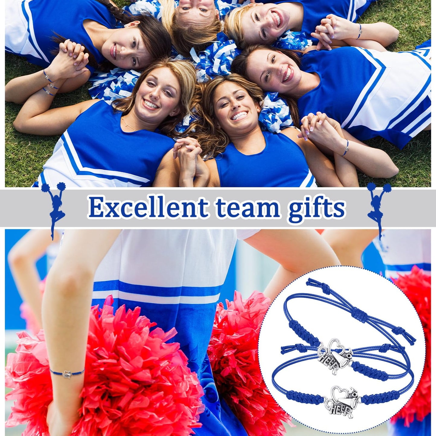 Rtteri 20 Pcs Cheerleader Gifts Cheer Bracelet Girls Charm Bracelet Adjustable Cheerleader Gifts For Cheer Team Jewelry Accessories Bulk(Blue)