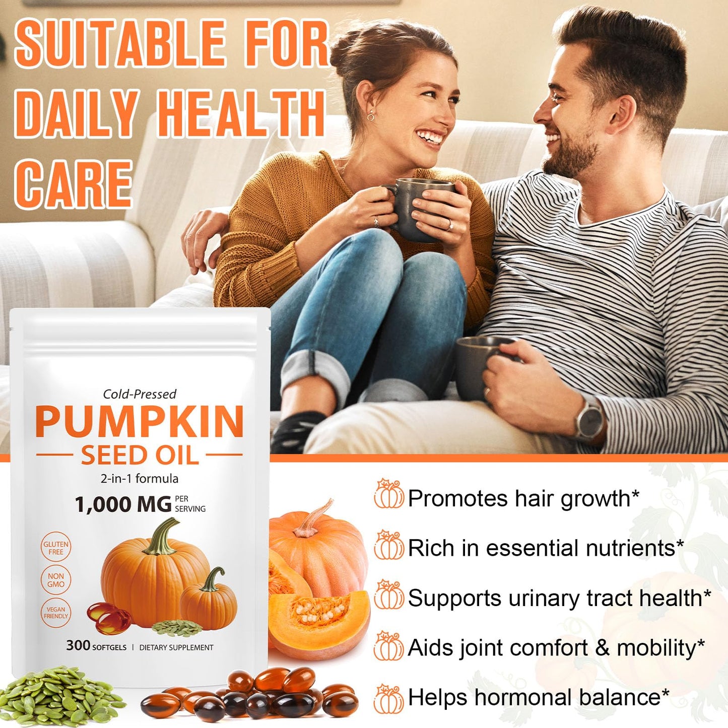 Pumpkin Seed Oil Capsules for Hair Growth, 300 Softgels for Prostate Health & Hormone Balance, Cold Pressed Pure Virgin Oil, Urinary Support, Skin Care,Non-GMO