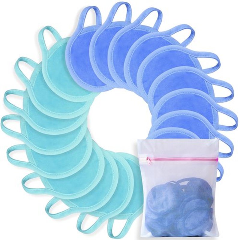 Nugilla Makeup Remover Pads, 18 Packs Microfiber Face Cloth with a Washable Laundry Bag, Reusable Rounds Towels for Face Cleaning, Soft Facial Rounds Wipes Eyes/Lips Clean for Women Gifts, Blue/Green