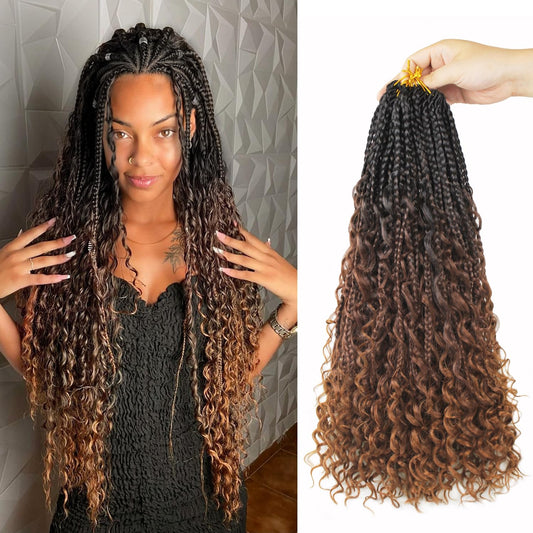9 Pack Boho Box Braids Crochet Hair - 18 Inch Pre-looped Goddess Box Braids Crochet Hair Bohemian Crochet Boho Crochet Braids With Curly Ends Synthetic Crochet Hair For Women（18 Inch,1B/4/30)