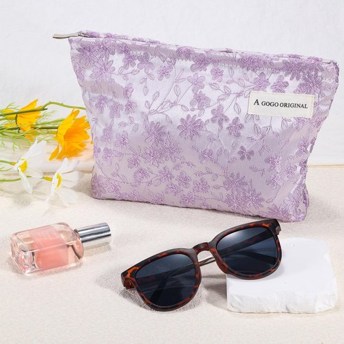 ZLFSRQ Daisy Flower Makeup Bag Travel Cute Floral Cosmetic Bags for Women Large Makeup Pouch Zipper Cosmetic Pouch for Purse Aesthetic Embroidery Purple Makeup Organizer Bag Portable Toiletry Bag